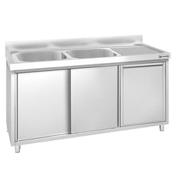 Zlew ze szafką ze stali nierdzewnej PREMIUM – 1400 x 600 mm – z koszem na śmieci i 2 zlewami po lewej stronie