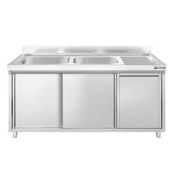 Zlew ze szafką ze stali nierdzewnej PREMIUM – 1400 x 600 mm – z koszem na śmieci i 2 zlewami po lewej stronie