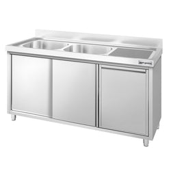 Zlew ze szafką ze stali nierdzewnej PREMIUM – 1400 x 600 mm – z koszem na śmieci i 2 zlewami po lewej stronie