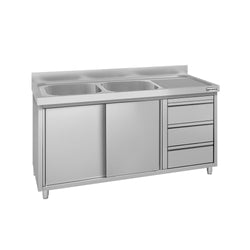Szafka zlewozmywakowa ECO – 1400 x 700 mm – z 3 szufladami i 2 zlewami po lewej stronie