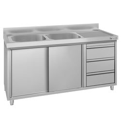 Szafka zlewozmywakowa ECO – 1400 x 700 mm – z 3 szufladami i 2 zlewami po lewej stronie