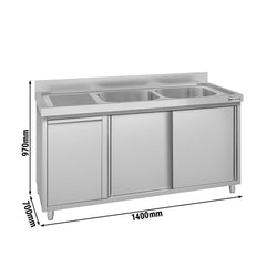 Szafka zlewozmywakowa ECO – 1400 x 700 mm – z koszem na śmieci i 2 zlewami po prawej stronie