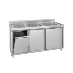 Zlew ze szafką ze stali nierdzewnej ECO – 1400 x 600 mm – z koszem na śmieci i 2 zlewami po prawej stronie