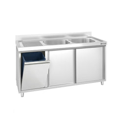 Szafka zlewozmywakowa PREMIUM – 1400 x 700 mm – z koszem na śmieci i 2 zlewami po prawej stronie