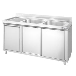 Szafka zlewozmywakowa PREMIUM – 1400 x 700 mm – z koszem na śmieci i 2 zlewami po prawej stronie