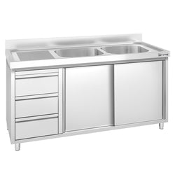 Szafka zlewozmywakowa PREMIUM – 1400 x 600 mm – z 3 szufladami i 2 zlewami po prawej stronie
