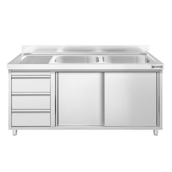 Szafka zlewozmywakowa PREMIUM – 1400 x 600 mm – z 3 szufladami i 2 zlewami po prawej stronie