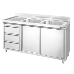 Szafka zlewozmywakowa PREMIUM – 1400 x 600 mm – z 3 szufladami i 2 zlewami po prawej stronie