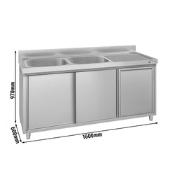 Zlew ze szafką ze stali nierdzewnej ECO – 1600 x 600 mm – z koszem na śmieci i 2 zlewami po lewej stronie