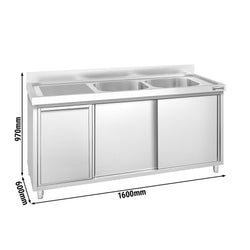 Zlew ze szafką ze stali nierdzewnej PREMIUM – 1600 x 600 mm – z koszem na śmieci i 2 zlewami po prawej stronie