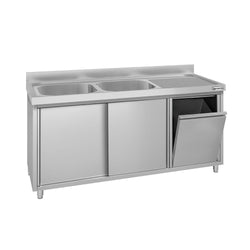 Zlew ze szafką ze stali nierdzewnej ECO – 1600 x 600 mm – z koszem na śmieci i 2 zlewami po lewej stronie