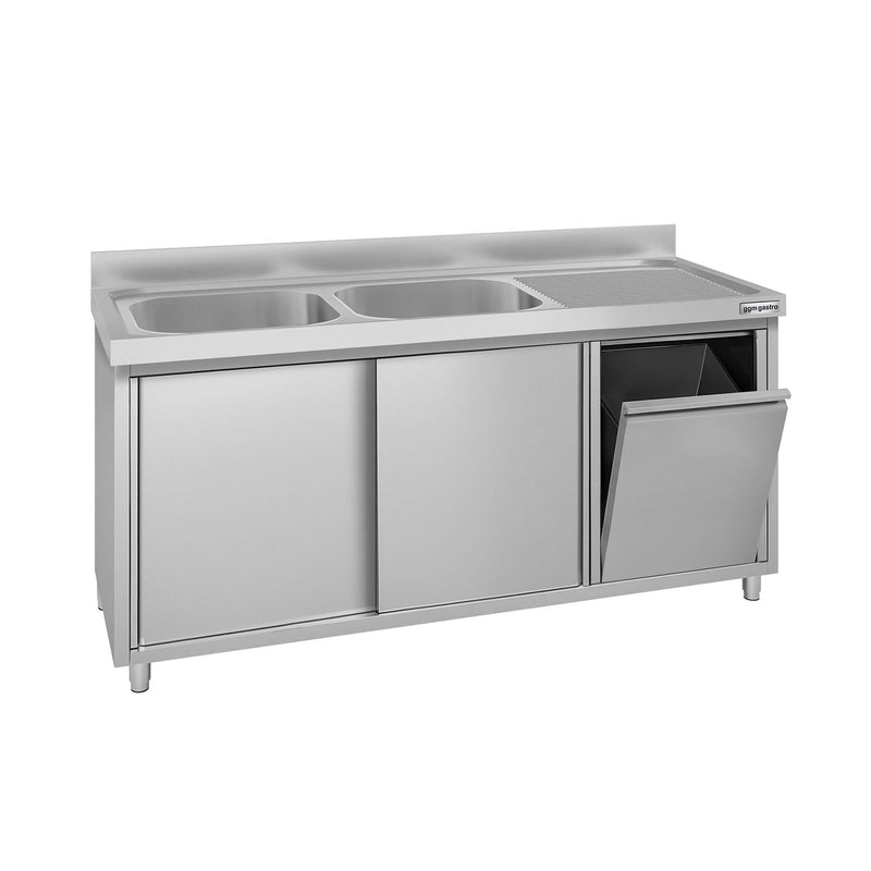 Zlew ze szafką ze stali nierdzewnej ECO – 1600 x 600 mm – z koszem na śmieci i 2 zlewami po lewej stronie