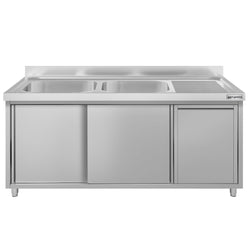 Zlew ze szafką ze stali nierdzewnej ECO – 1600 x 600 mm – z koszem na śmieci i 2 zlewami po lewej stronie