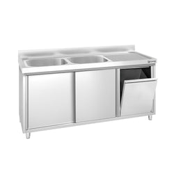 Zlew ze szafką ze stali nierdzewnej PREMIUM – 1600 x 600 mm – z koszem na śmieci i 2 zlewami po lewej stronie