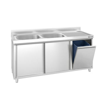 Szafka zlewozmywakowa PREMIUM – 1600 x 700 mm – z koszem na śmieci i 2 zlewami po lewej stronie