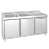 Zlew ze szafką ze stali nierdzewnej PREMIUM – 1600 x 600 mm – z koszem na śmieci i 2 zlewami po lewej stronie