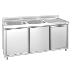 Zlew ze szafką ze stali nierdzewnej PREMIUM – 1600 x 600 mm – z koszem na śmieci i 2 zlewami po lewej stronie