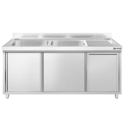Zlew ze szafką ze stali nierdzewnej PREMIUM – 1600 x 600 mm – z koszem na śmieci i 2 zlewami po lewej stronie