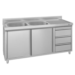 Szafka zlewozmywakowa ECO – 1600 x 600 mm – z 3 szufladami i 2 zlewami po lewej stronie