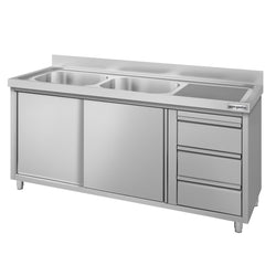 Szafka zlewozmywakowa ECO – 1600 x 600 mm – z 3 szufladami i 2 zlewami po lewej stronie