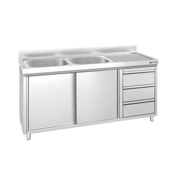 Szafka zlewozmywakowa PREMIUM – 1600 x 600 mm – z 3 szufladami i 2 zlewami po lewej stronie