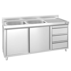 Szafka zlewozmywakowa PREMIUM – 1600 x 600 mm – z 3 szufladami i 2 zlewami po lewej stronie