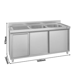 Zlew ze szafką ze stali nierdzewnej ECO – 1600 x 700 mm – z koszem na śmieci i 2 zlewami po prawej stronie