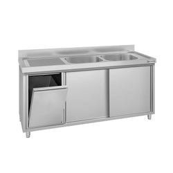 Zlew ze szafką ze stali nierdzewnej ECO – 1600 x 600 mm – z koszem na śmieci i 2 zlewami po prawej stronie