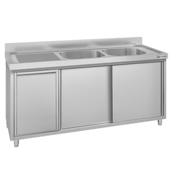 Zlew ze szafką ze stali nierdzewnej ECO – 1600 x 600 mm – z koszem na śmieci i 2 zlewami po prawej stronie