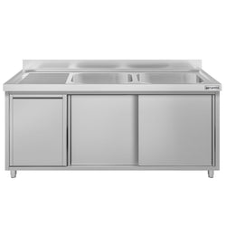 Zlew ze szafką ze stali nierdzewnej ECO – 1600 x 600 mm – z koszem na śmieci i 2 zlewami po prawej stronie