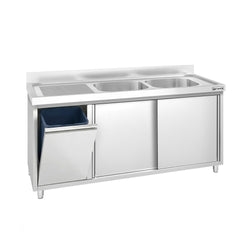Szafka zlewozmywakowa PREMIUM – 1600 x 700 mm – z koszem na śmieci i 2 zlewami po prawej stronie