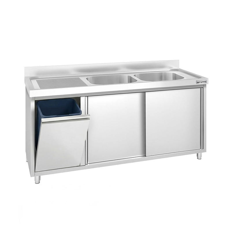 Szafka zlewozmywakowa PREMIUM – 1600 x 700 mm – z koszem na śmieci i 2 zlewami po prawej stronie