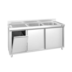 Zlew ze szafką ze stali nierdzewnej PREMIUM – 1600 x 700 mm – z koszem na śmieci i 2 zlewami po prawej stronie