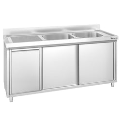 Zlew ze szafką ze stali nierdzewnej PREMIUM – 1600 x 700 mm – z koszem na śmieci i 2 zlewami po prawej stronie