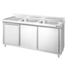 Zlew ze szafką ze stali nierdzewnej PREMIUM – 1600 x 700 mm – z koszem na śmieci i 2 zlewami po prawej stronie