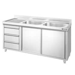 Szafka zlewozmywakowa PREMIUM – 1600 x 700 mm – z 3 szufladami i 2 zlewami po prawej stronie