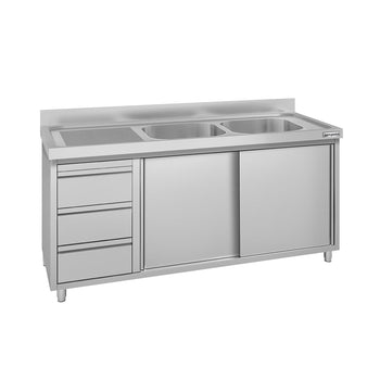 Szafka zlewozmywakowa ECO – 1600 x 700 mm – z 3 szufladami i 2 zlewami po prawej stronie