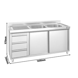 Szafka zlewozmywakowa PREMIUM – 1600 x 700 mm – z 3 szufladami i 2 zlewami po prawej stronie