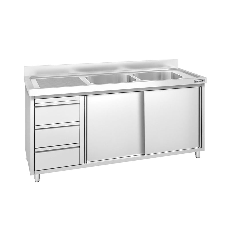 Szafka zlewozmywakowa PREMIUM – 1600 x 700 mm – z 3 szufladami i 2 zlewami po prawej stronie