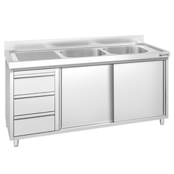Szafka zlewozmywakowa PREMIUM – 1600 x 700 mm – z 3 szufladami i 2 zlewami po prawej stronie