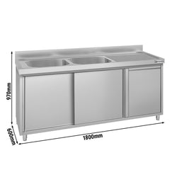 Szafka zlewozmywakowa ECO – 1800 x 600 mm – z koszem na śmieci i 2 zlewami po lewej stronie