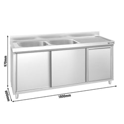 Zlew ze szafką ze stali nierdzewnej PREMIUM – 1800 x 600 mm – z koszem na śmieci i 2 zlewami po lewej stronie
