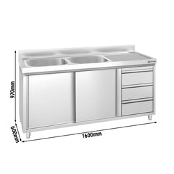 Szafka zlewozmywakowa PREMIUM – 1800 x 600 mm – z 3 szufladami i 2 zlewami po lewej stronie