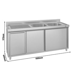 Zlew ze szafką ze stali nierdzewnej ECO – 1800 x 600 mm – z koszem na śmieci i 2 zlewami po prawej stronie