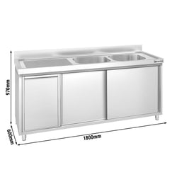 Zlew ze szafką ze stali nierdzewnej PREMIUM – 1800 x 600 mm – z koszem na śmieci i 2 zlewami po prawej stronie