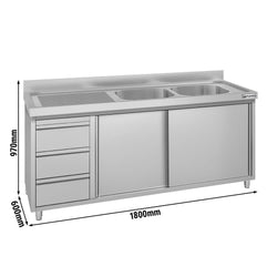 Szafka zlewozmywakowa ECO – 1800 x 600 mm – z 3 szufladami i 2 zlewami po prawej stronie