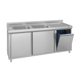 Szafka zlewozmywakowa ECO – 1800 x 600 mm – z koszem na śmieci i 2 zlewami po lewej stronie
