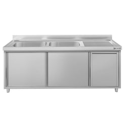 Zlew ze szafką ze stali nierdzewnej ECO – 1800 x 700 mm – z koszem na śmieci i 2 zlewami po lewej stronie