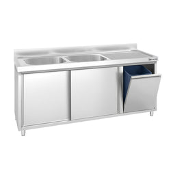 Szafka zlewozmywakowa PREMIUM – 1800 x 600 mm – z koszem na śmieci i 2 zlewami po lewej stronie