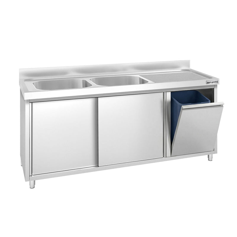Szafka zlewozmywakowa PREMIUM – 1800 x 600 mm – z koszem na śmieci i 2 zlewami po lewej stronie